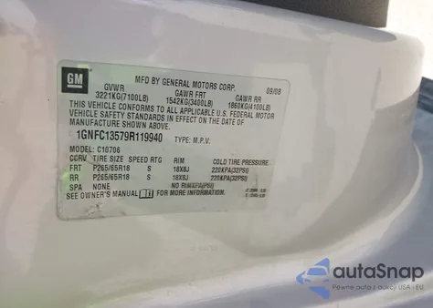 2009 Chevrolet Tahoe Hybrid z USA, uszkodzony, nr VIN 1GNFC13579R119940